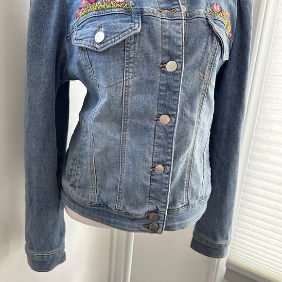 Boston Proper Medium Denim Blue Jean Jacket Floral Embroidered Cotton Stretch - Picture 3 of 7